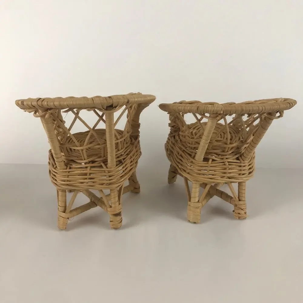 Vintage Fashion Doll Wicker Rattan Toy Furniture Set Loveseat Chair Table Mini